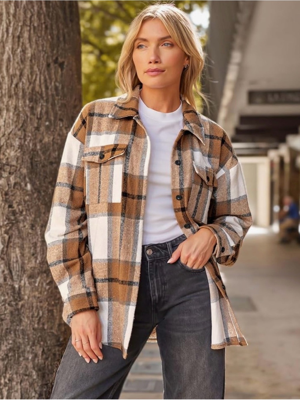 Brown Plaid Button Up Flannel Shacket Shirt Jacket Western Cowgirl Size XL 16-18 - Picture 1 of 16